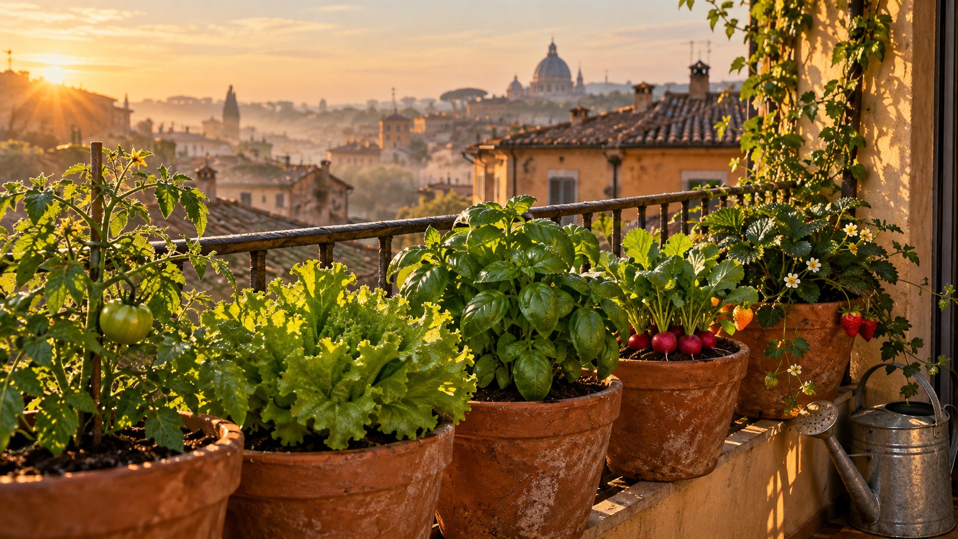 Vasi di piante in terracotta su una ringhiera di balcone all'alba, luce calda dorata, pomodori e aromatiche