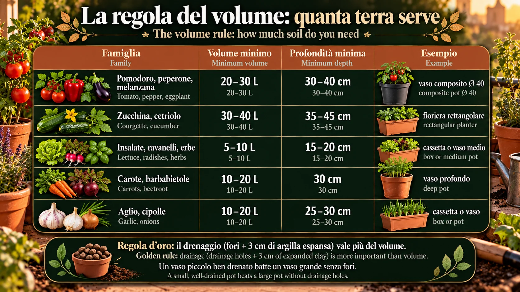 La regola del volume: quanta terra serve