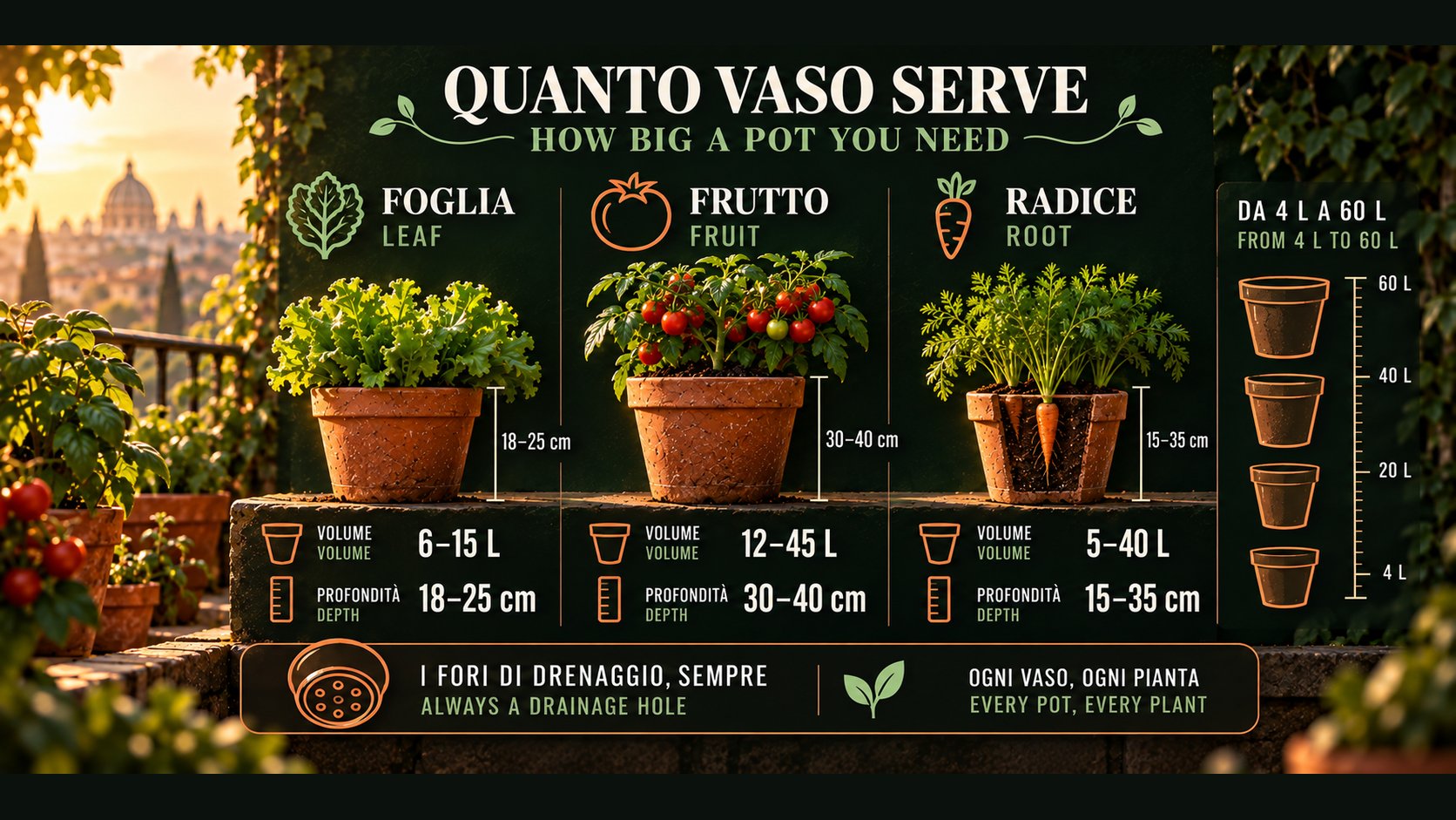 Scegliere il vaso giusto: volume, profondità e famiglie