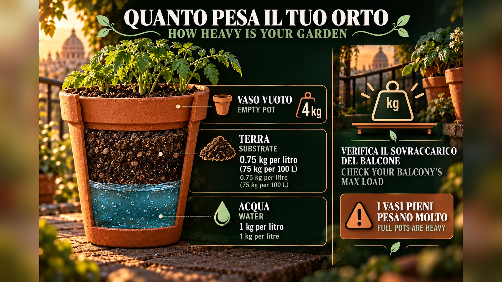 Quanto pesa il tuo orto: stima del carico sul balcone — How much your garden weighs: balcony load estimate