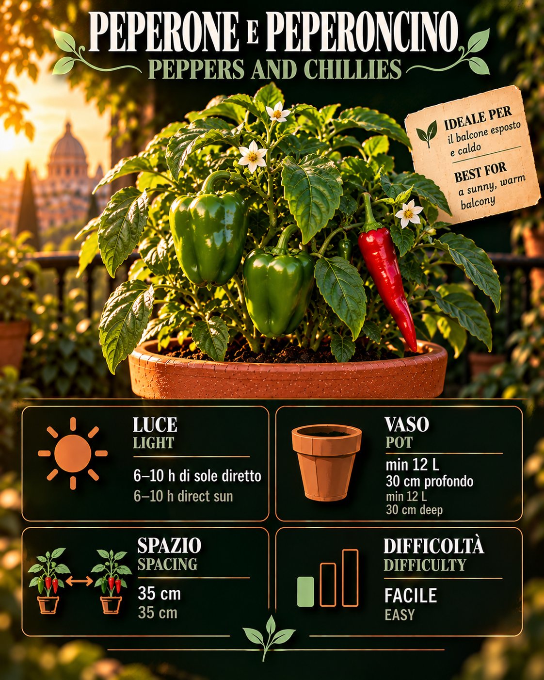 Scheda Peperone e peperoncino • Peperone e peperoncino profile: light, water, pot, harvest