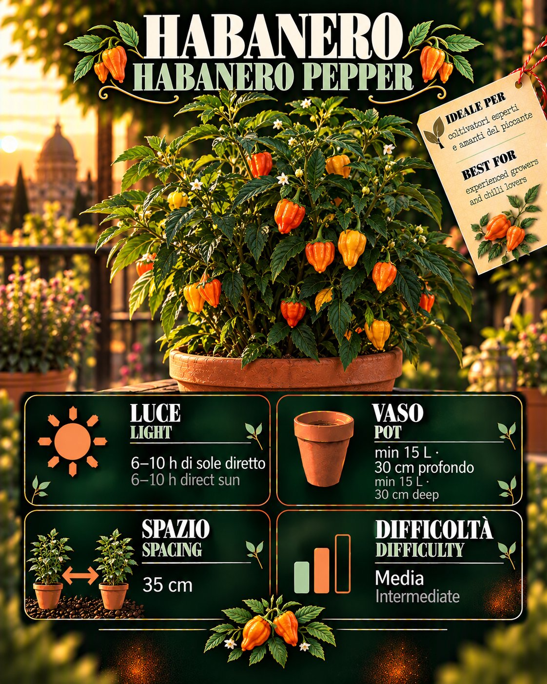 Scheda Habanero: luce, acqua, vaso, raccolta — Habanero pepper profile: light, water, pot, harvest