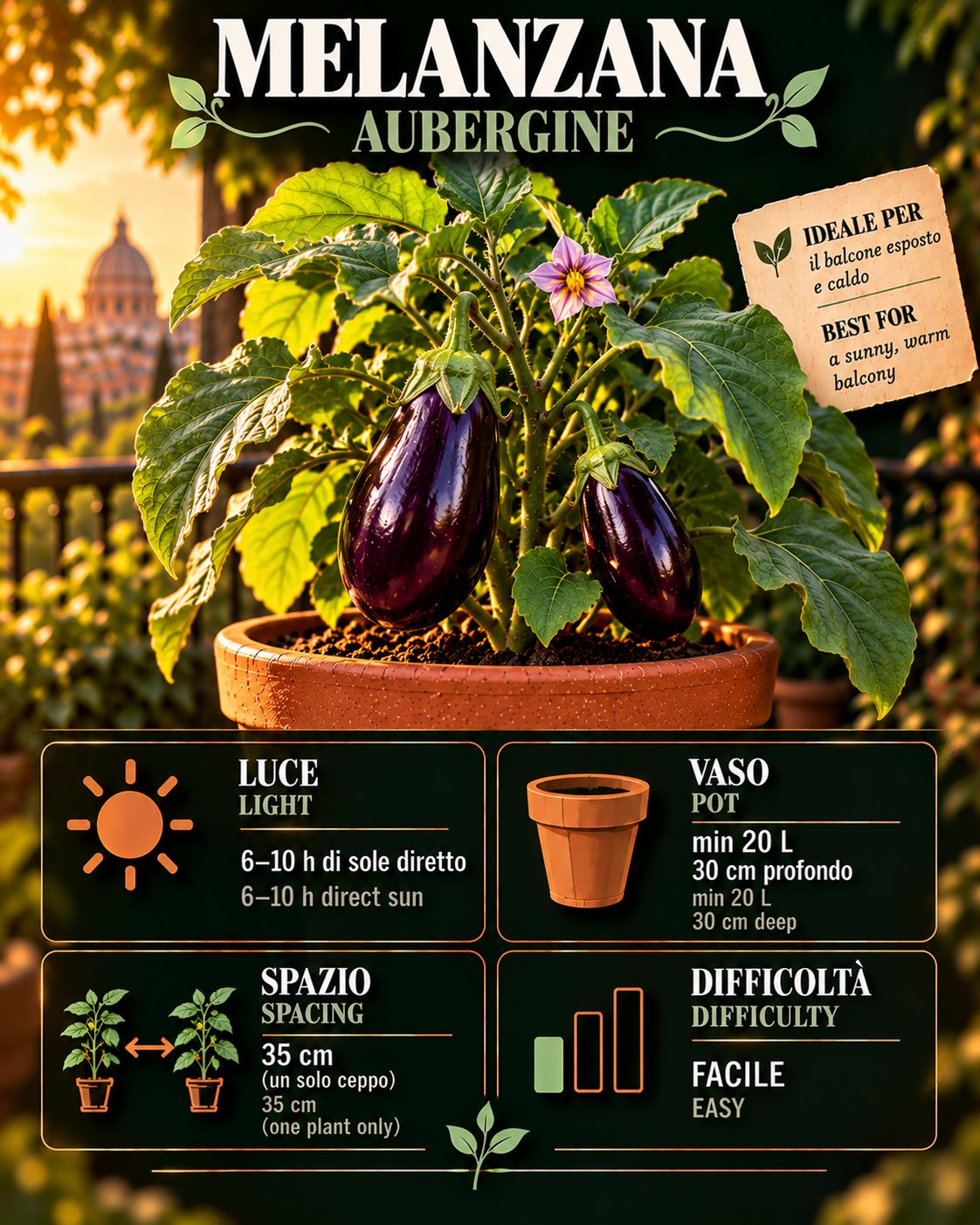 Scheda Aubergine • Aubergine profile: light, water, pot, harvest