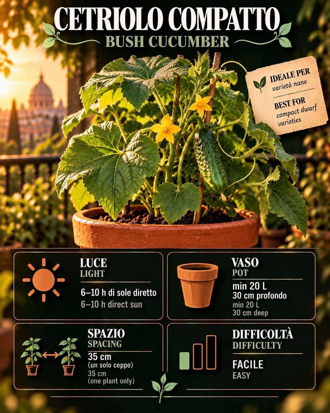 Scheda Cetriolo compatto • Cetriolo compatto profile: light, water, pot, harvest
