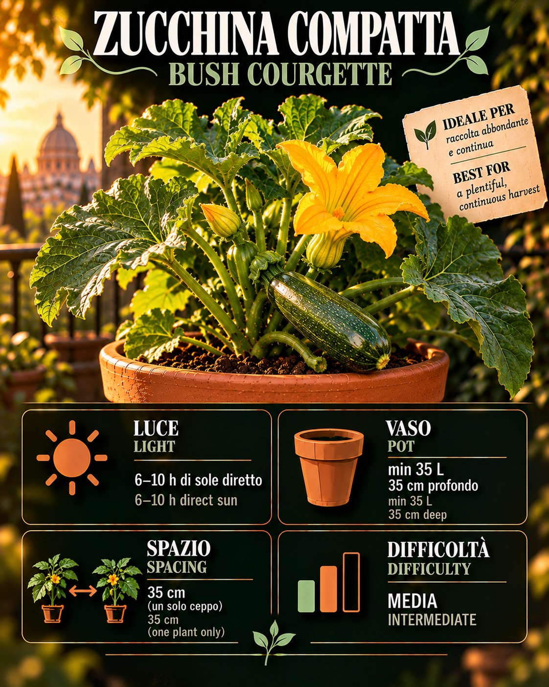 Scheda Zucchina compatta • Zucchina compatta profile: light, water, pot, harvest