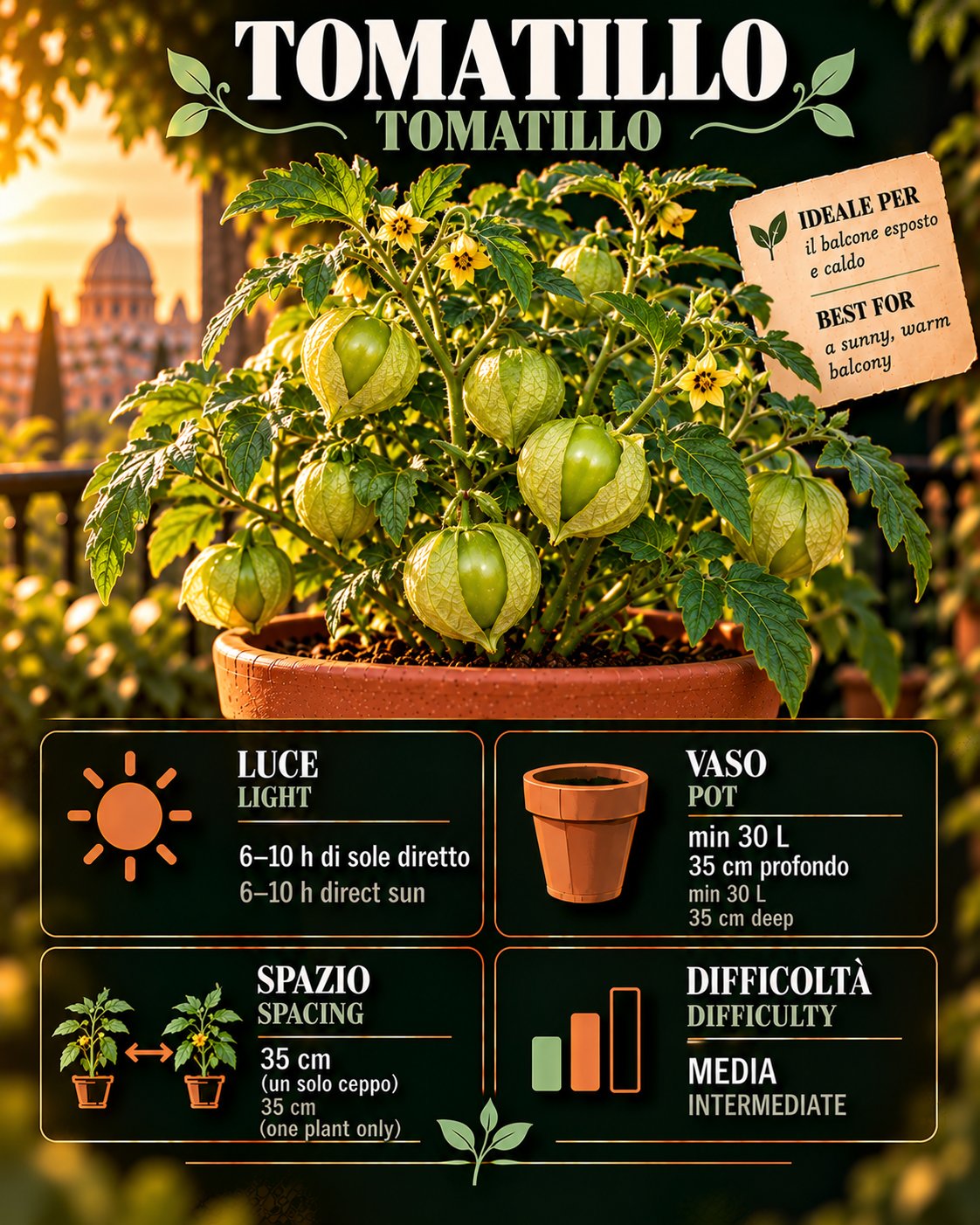 Scheda Tomatillo • Tomatillo profile: light, water, pot, harvest