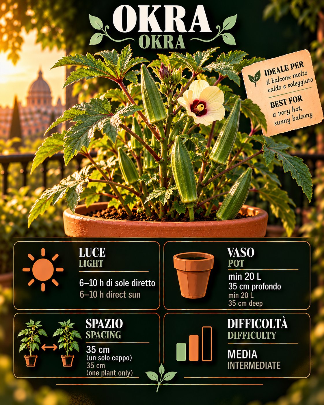 Scheda Okra • Okra profile: light, water, pot, harvest