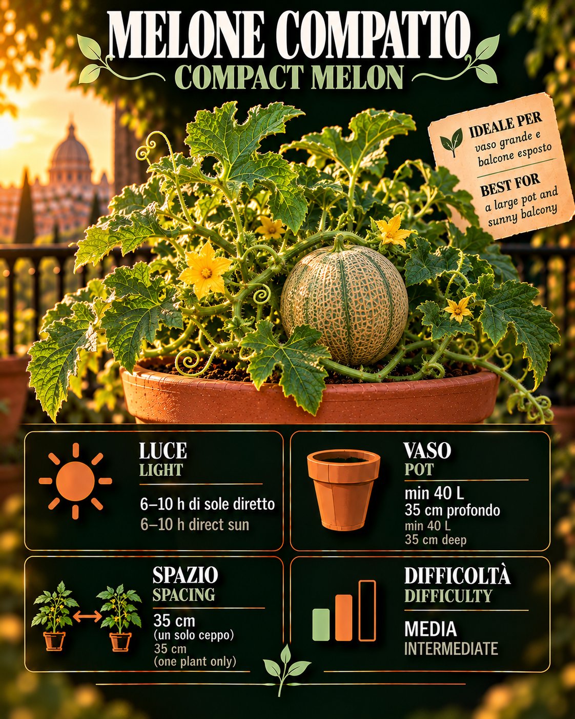 Scheda Compact melon • Compact melon profile: light, water, pot, harvest