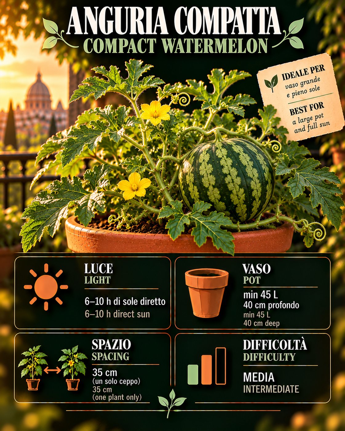 Scheda Compact watermelon • Compact watermelon profile: light, water, pot, harvest