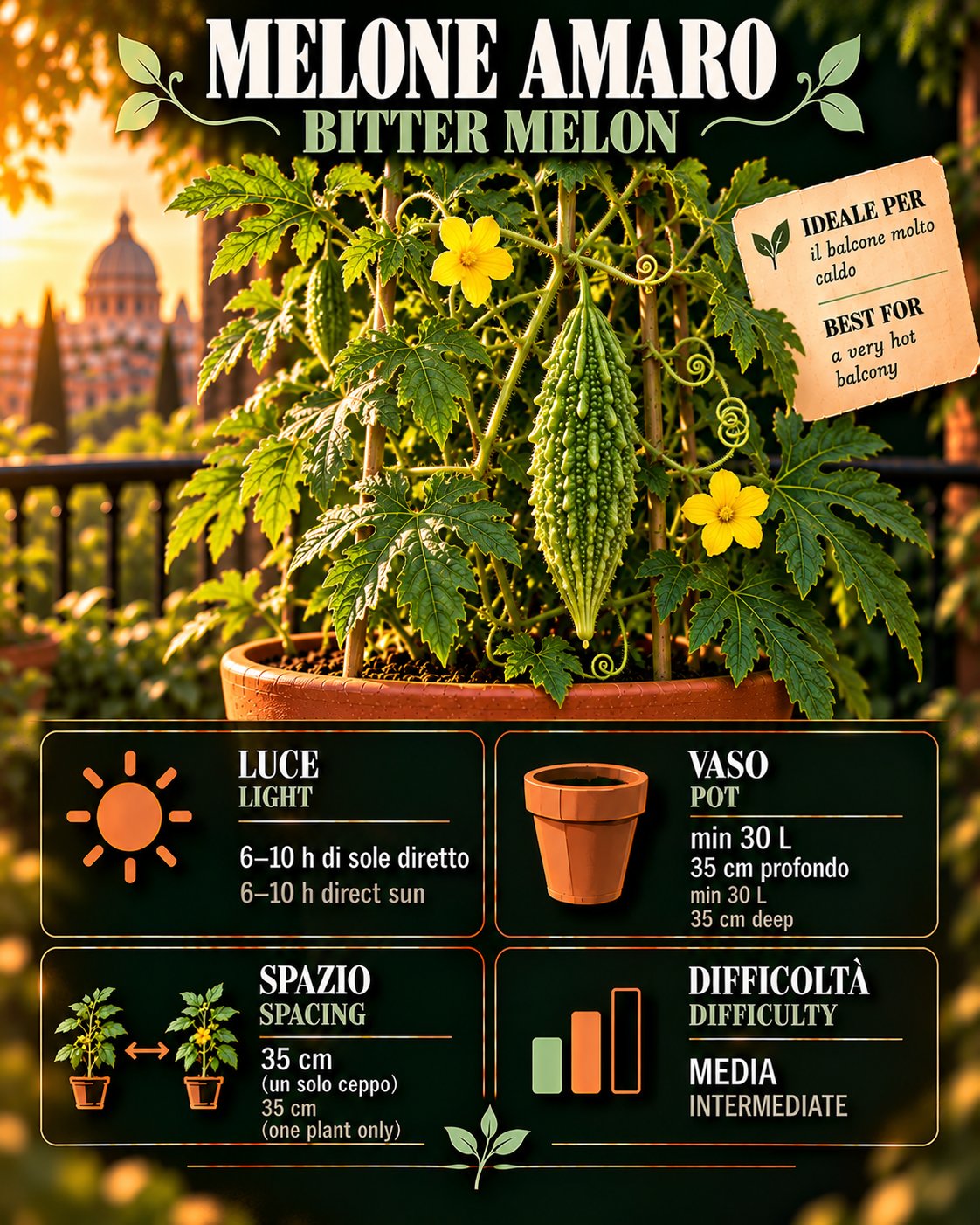 Scheda Bitter melon • Bitter melon profile: light, water, pot, harvest