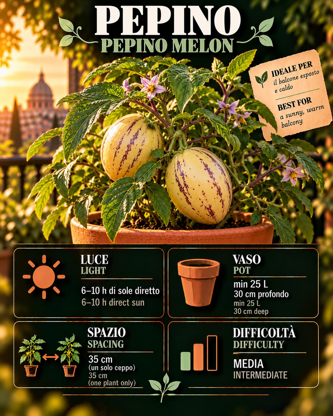 Scheda Pepino melon • Pepino melon profile: light, water, pot, harvest