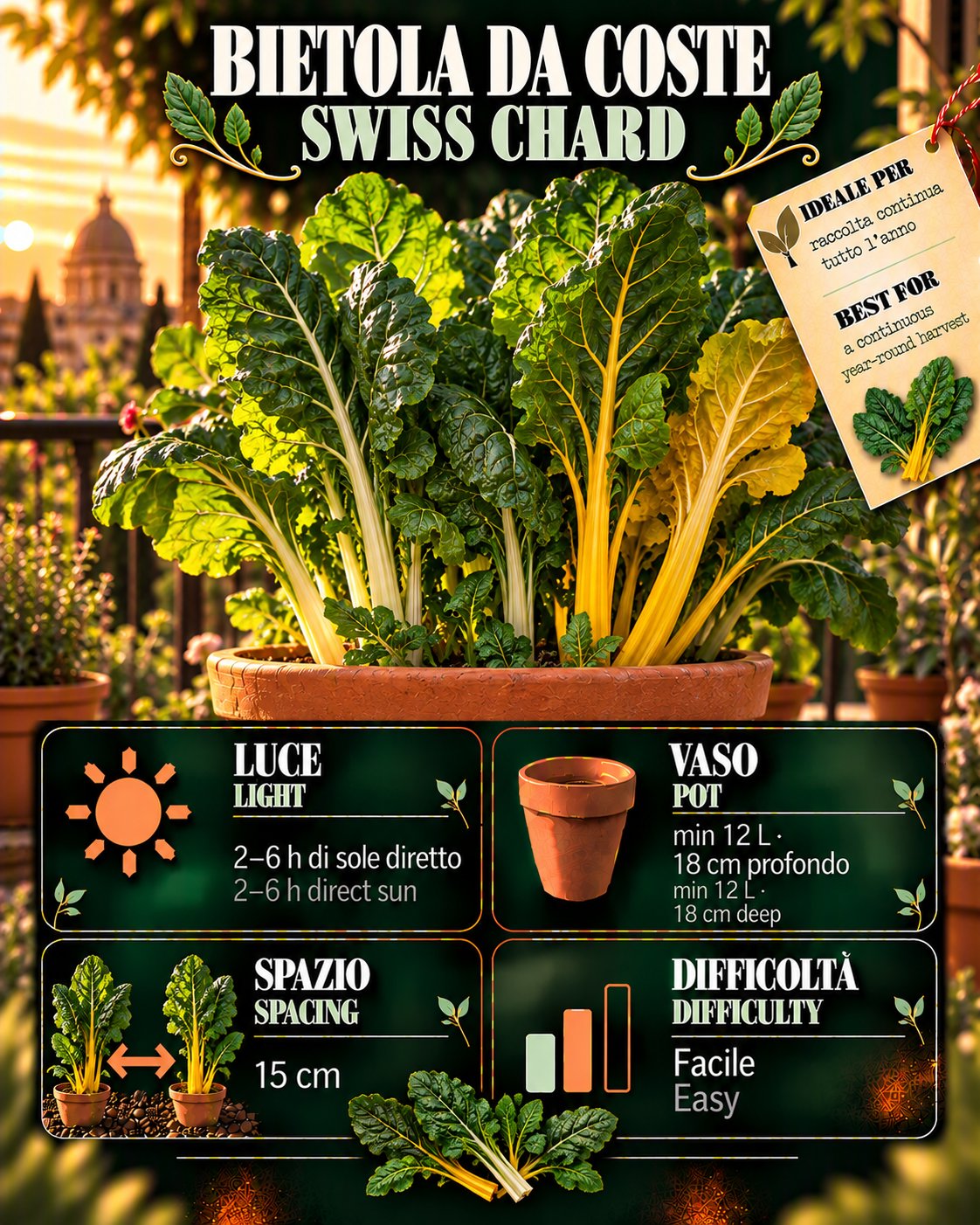 Scheda Bietola da coste: luce, acqua, vaso, raccolta — Swiss chard profile: light, water, pot, harvest