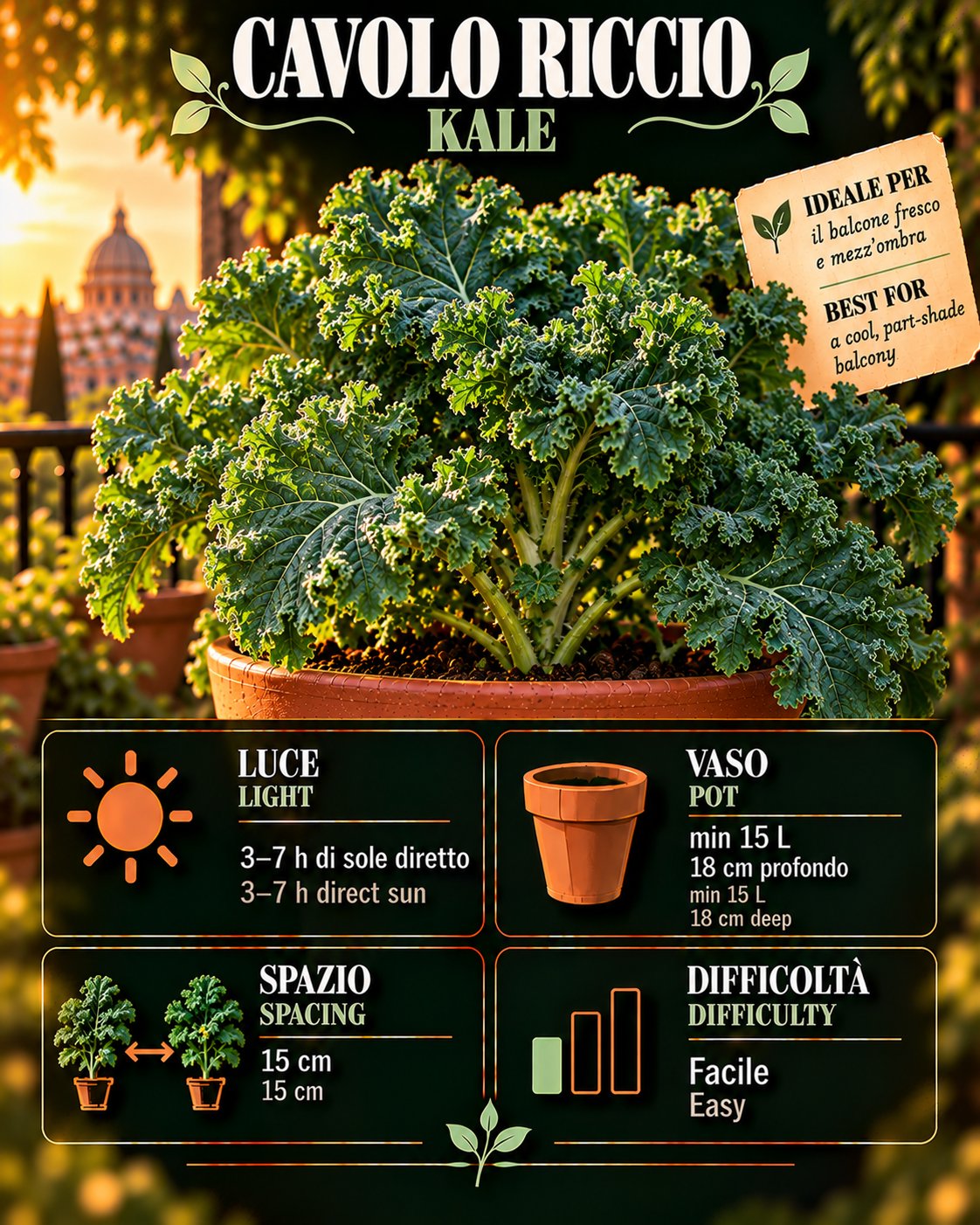 Scheda Cavolo riccio • Cavolo riccio profile: light, water, pot, harvest
