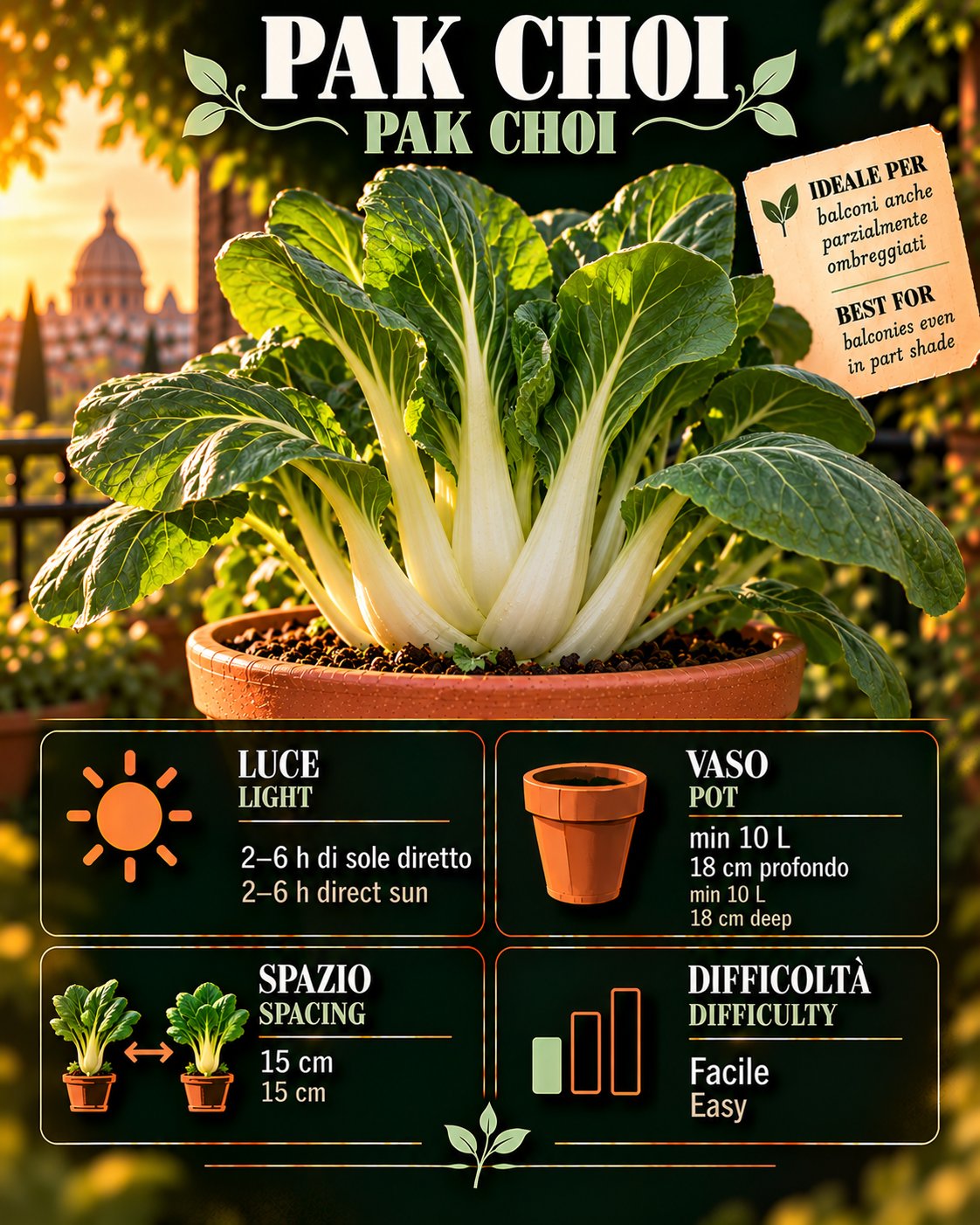 Scheda Pak choi • Pak choi profile: light, water, pot, harvest