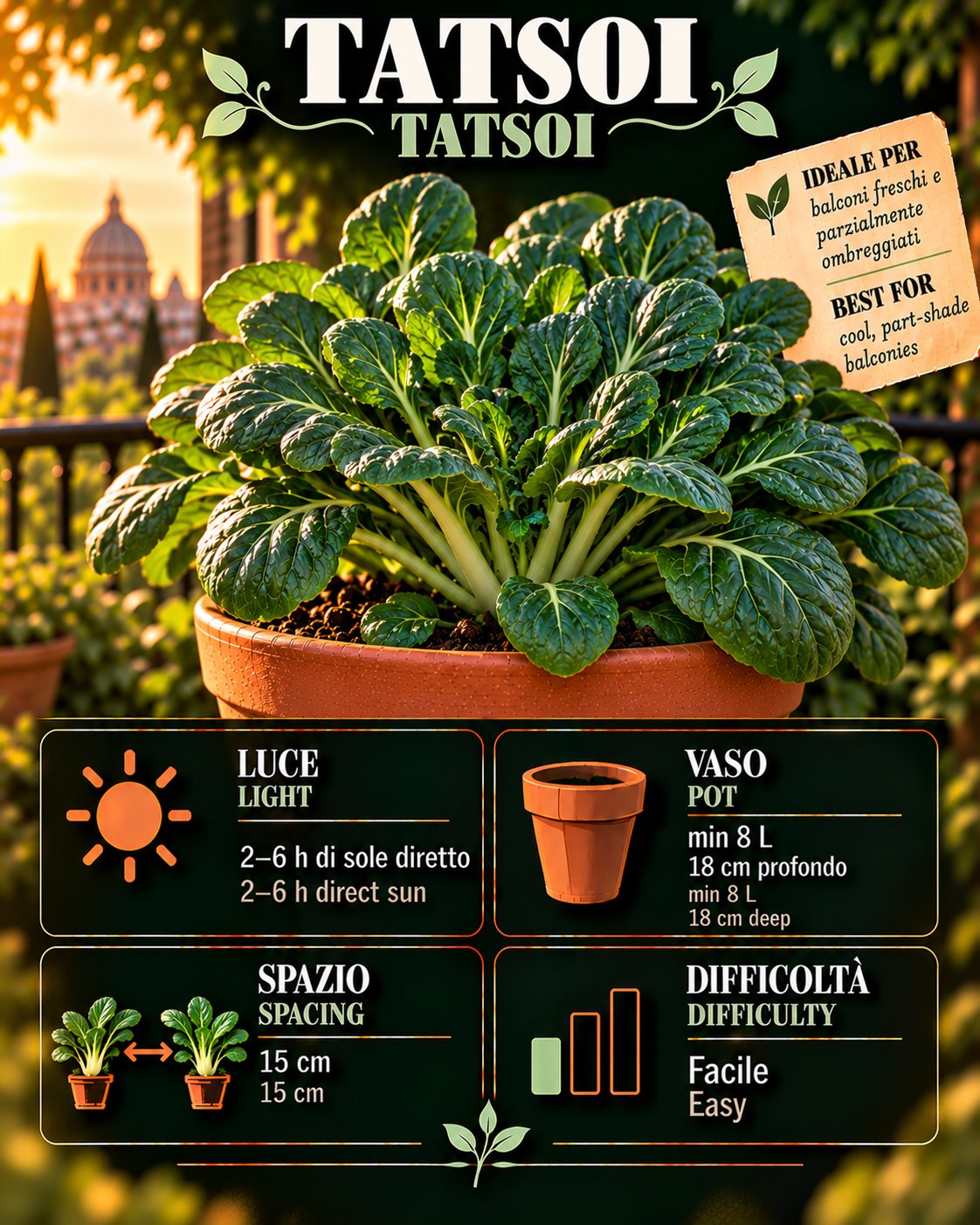 Scheda Tatsoi • Tatsoi profile: light, water, pot, harvest