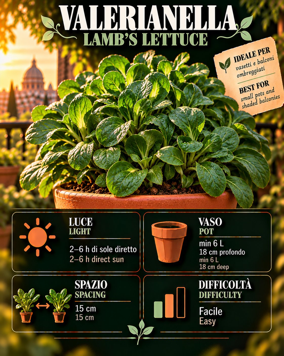 Scheda Valerianella • Valerianella profile: light, water, pot, harvest