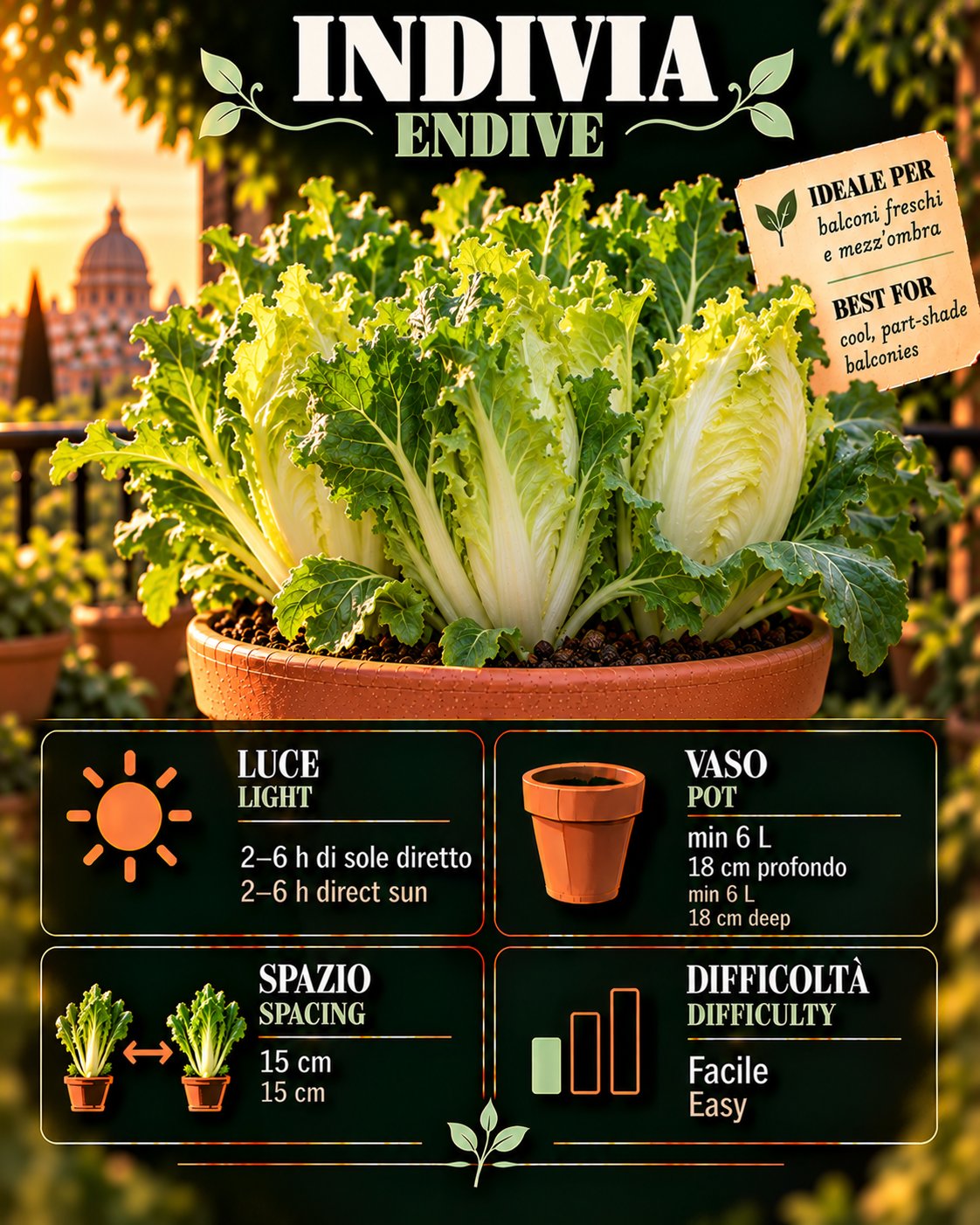 Scheda Indivia • Indivia profile: light, water, pot, harvest