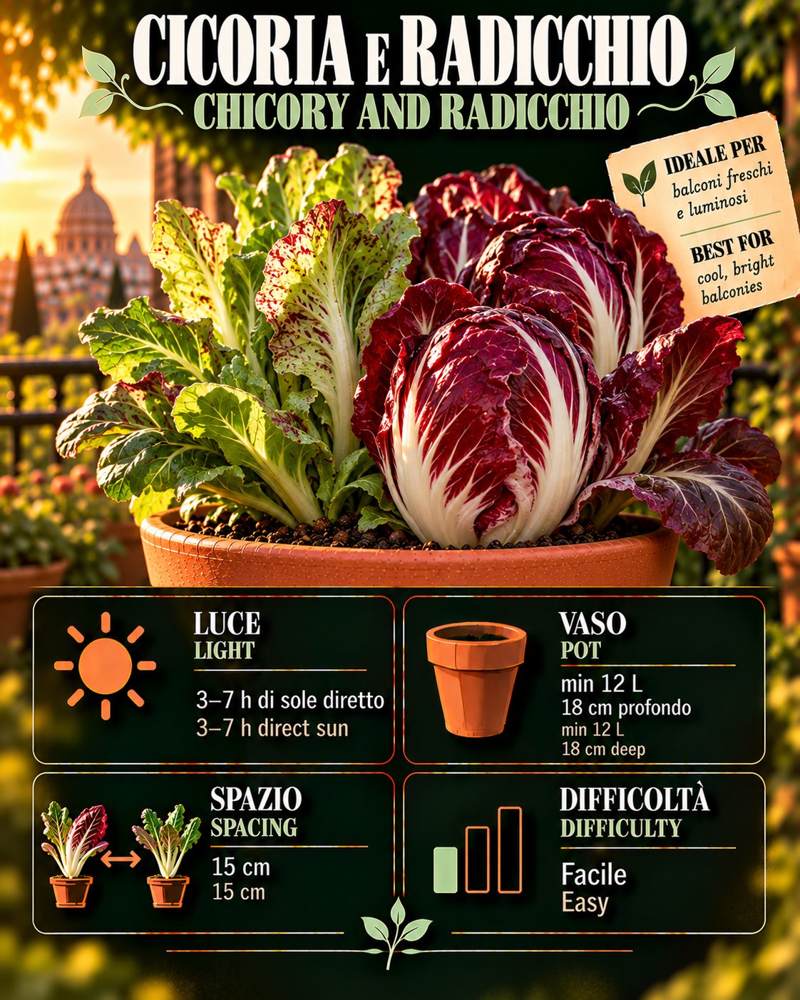 Scheda Cicoria e radicchio • Cicoria e radicchio profile: light, water, pot, harvest