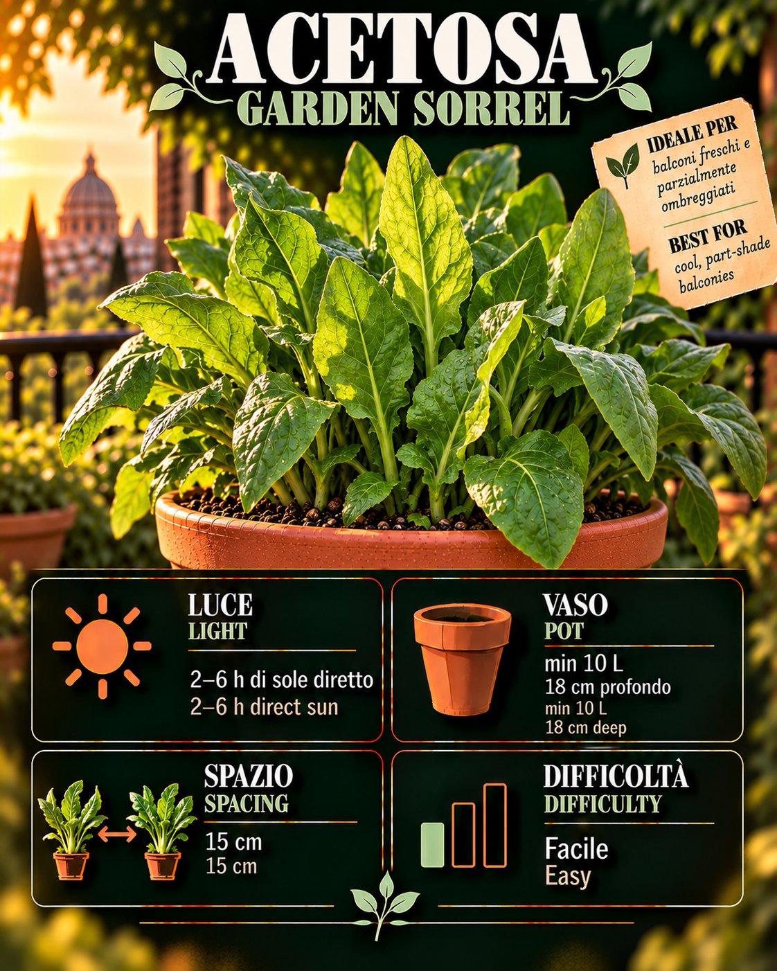 Scheda Acetosa • Acetosa profile: light, water, pot, harvest