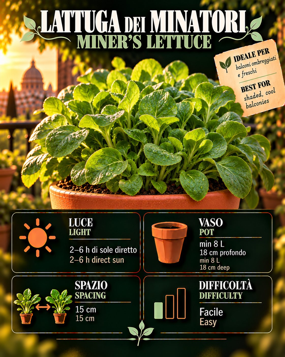 Scheda Miner's lettuce • Miner's lettuce profile: light, water, pot, harvest
