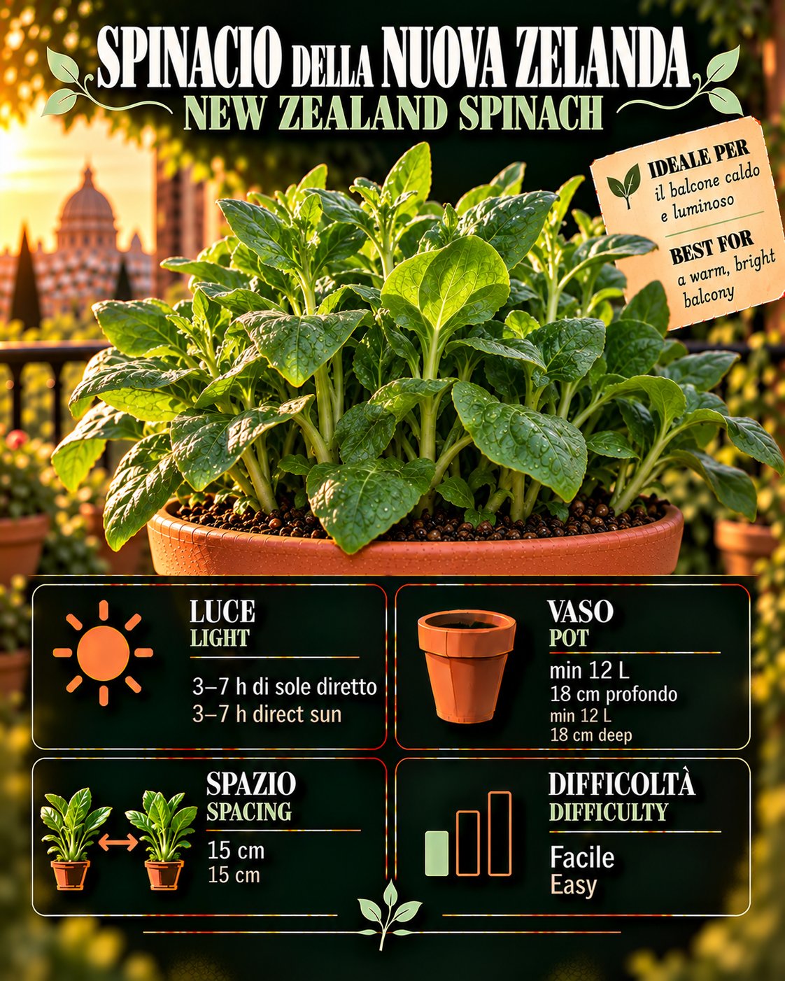 Scheda Spinacio della Nuova Zelanda • Spinacio della Nuova Zelanda profile: light, water, pot, harvest