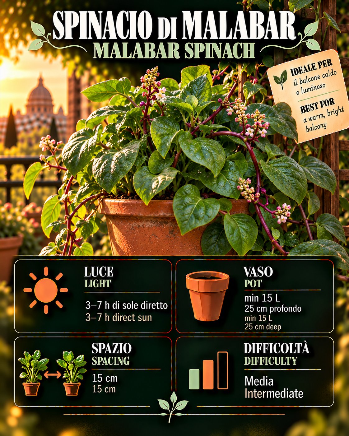 Scheda Malabar spinach • Malabar spinach profile: light, water, pot, harvest