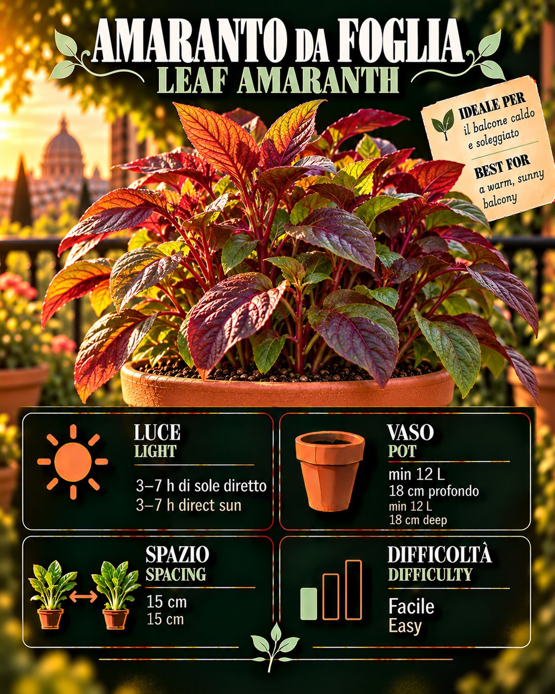 Scheda Amaranto da foglia • Amaranto da foglia profile: light, water, pot, harvest