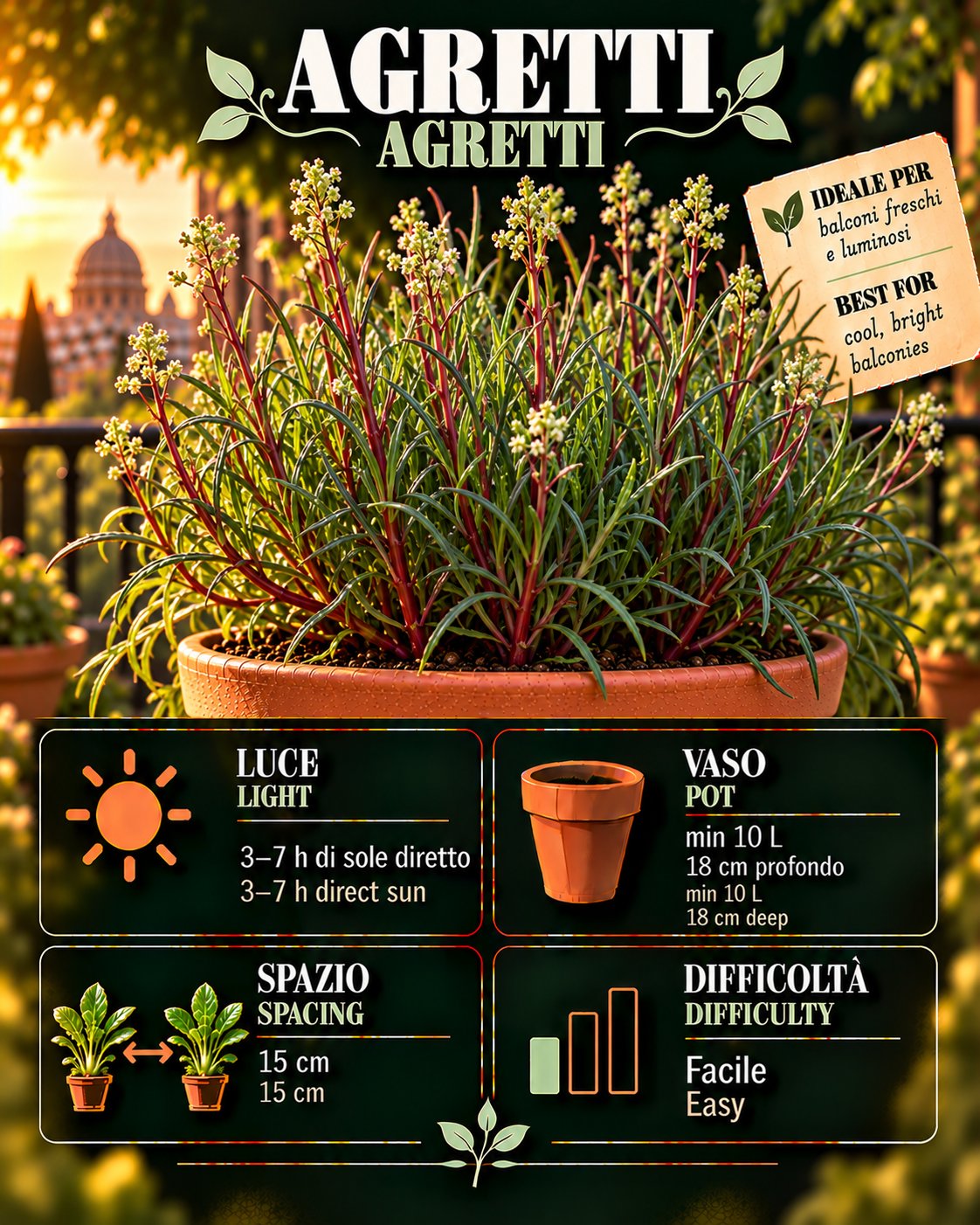 Scheda Agretti • Agretti profile: light, water, pot, harvest