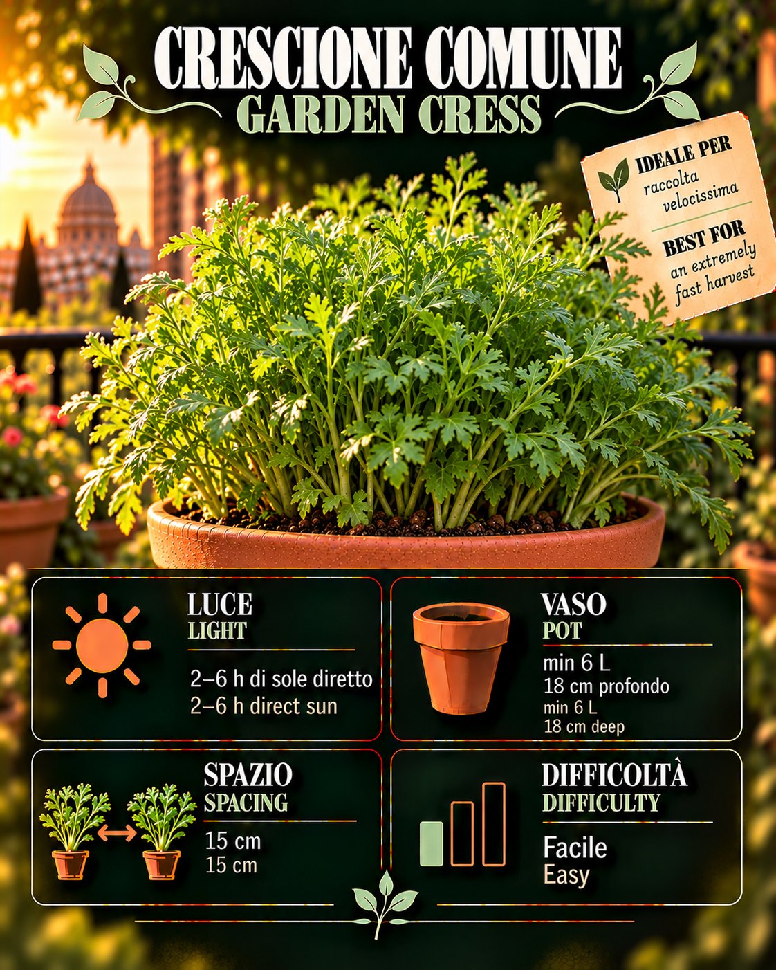 Scheda Garden cress • Garden cress profile: light, water, pot, harvest