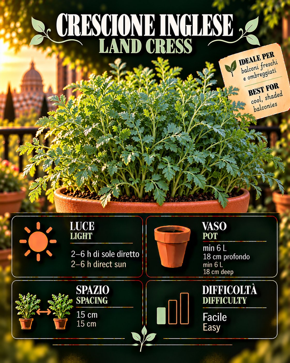 Scheda Crescione inglese • Crescione inglese profile: light, water, pot, harvest