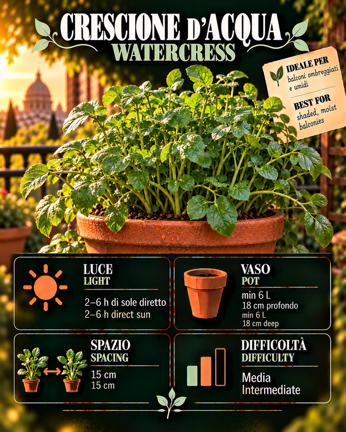 Scheda Crescione d’acqua • Crescione d’acqua profile: light, water, pot, harvest