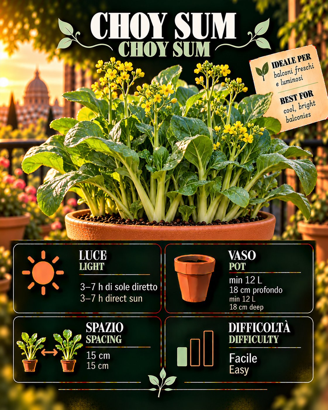 Scheda Choy sum • Choy sum profile: light, water, pot, harvest