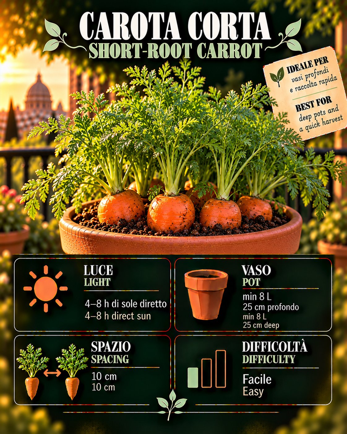 Scheda Carota corta • Carota corta profile: light, water, pot, harvest