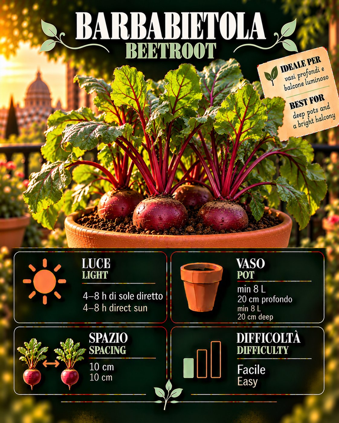Scheda Beetroot • Beetroot profile: light, water, pot, harvest
