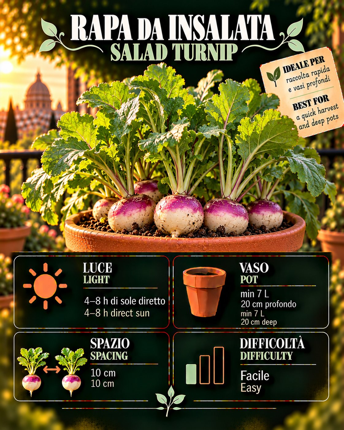 Scheda Salad turnip • Salad turnip profile: light, water, pot, harvest