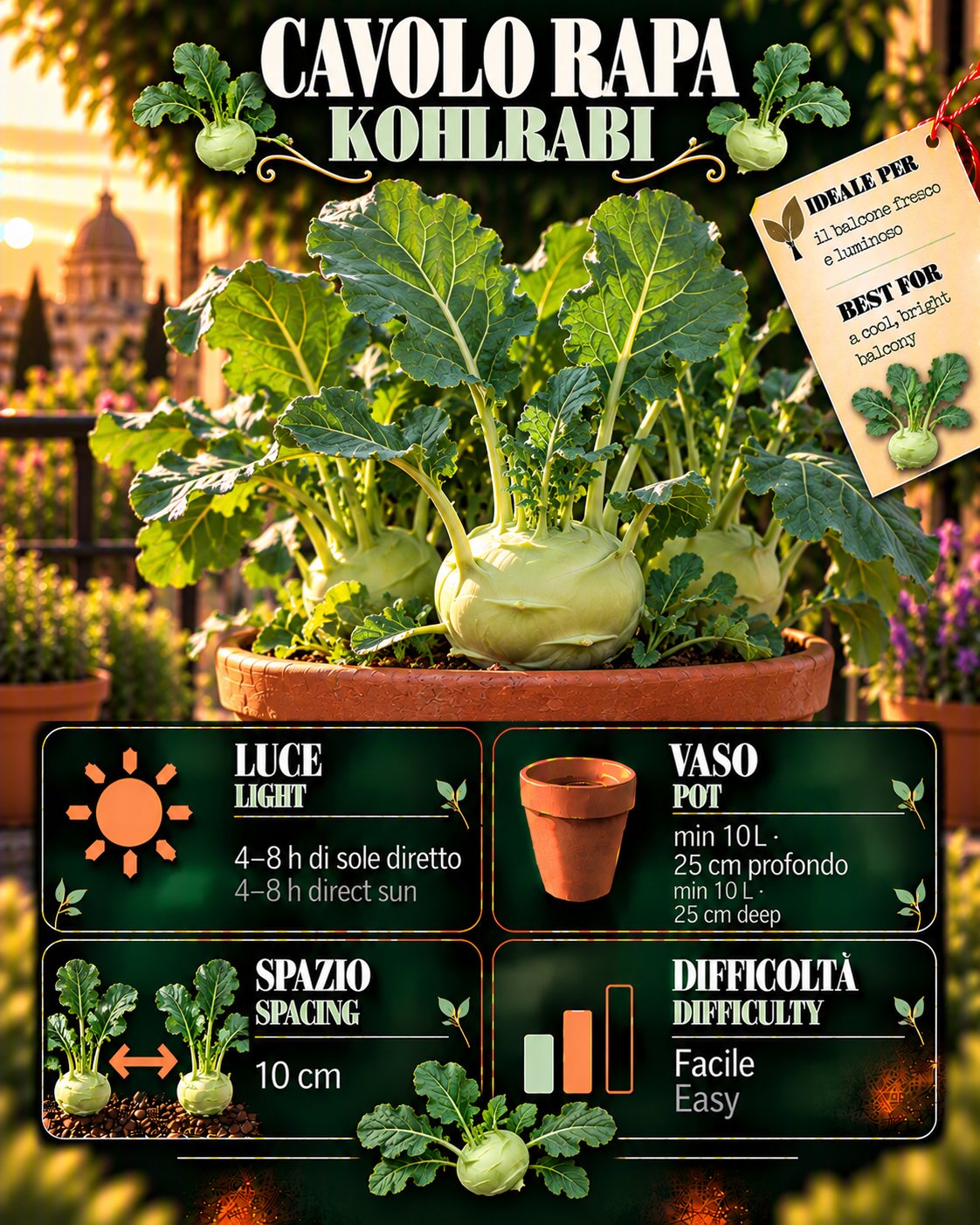 Scheda Cavolo rapa: luce, acqua, vaso, raccolta — Kohlrabi profile: light, water, pot, harvest