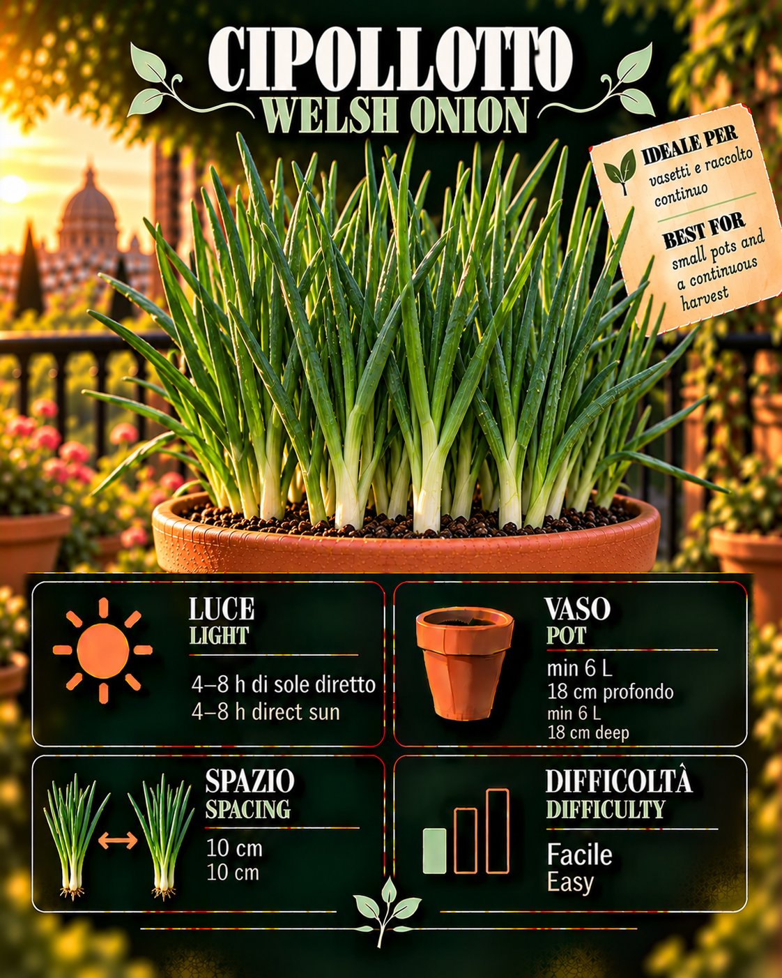 Scheda Cipollotto • Cipollotto profile: light, water, pot, harvest