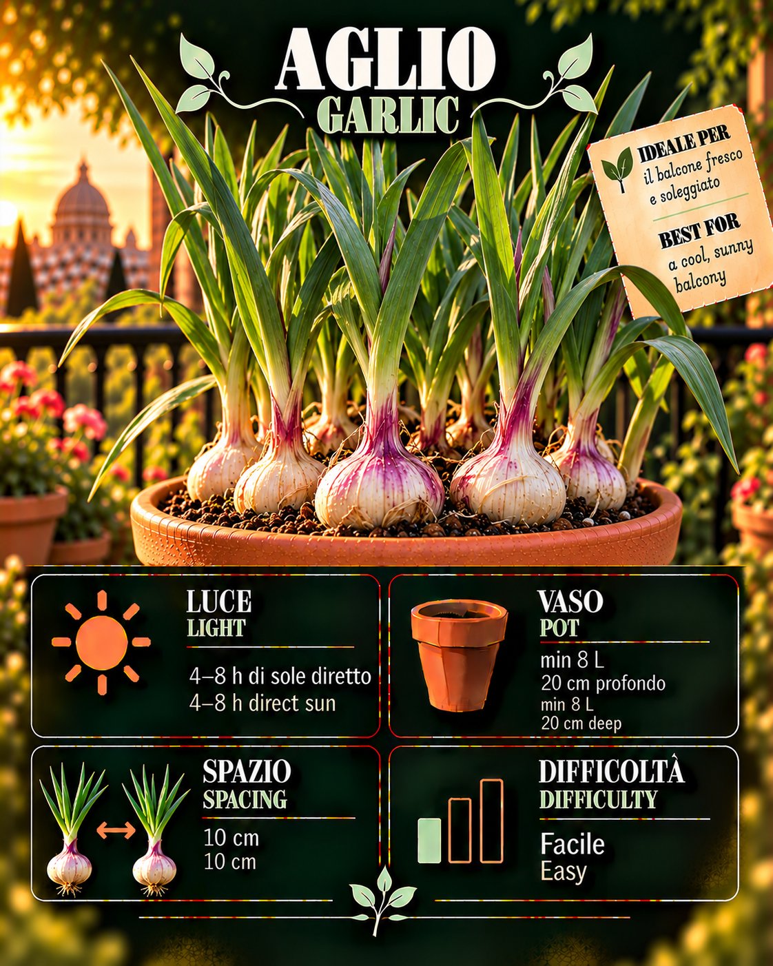 Scheda Aglio • Aglio profile: light, water, pot, harvest