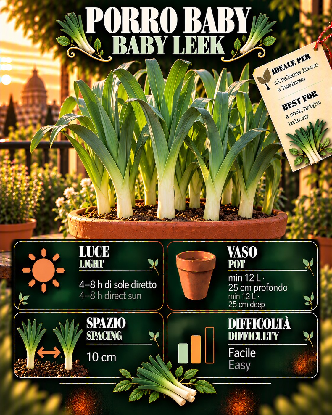 Scheda Porro baby: luce, acqua, vaso, raccolta — Baby leek profile: light, water, pot, harvest