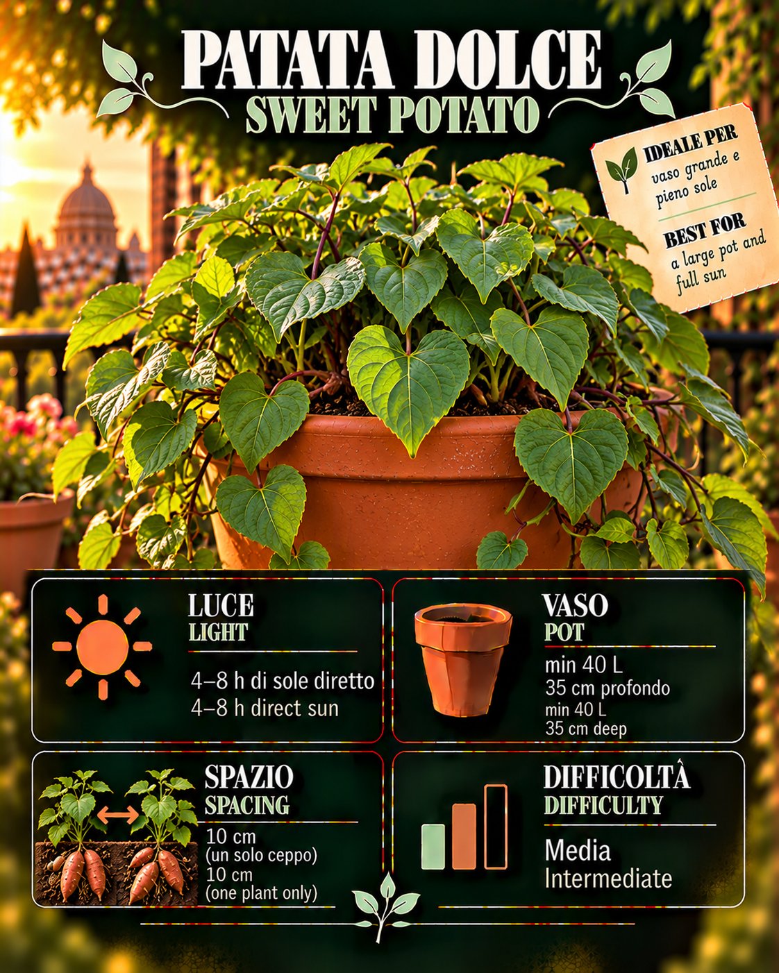 Scheda Patata dolce • Patata dolce profile: light, water, pot, harvest