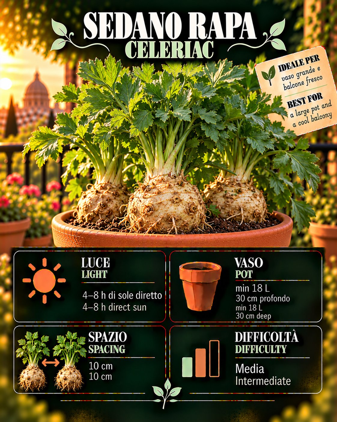 Scheda Celeriac • Celeriac profile: light, water, pot, harvest