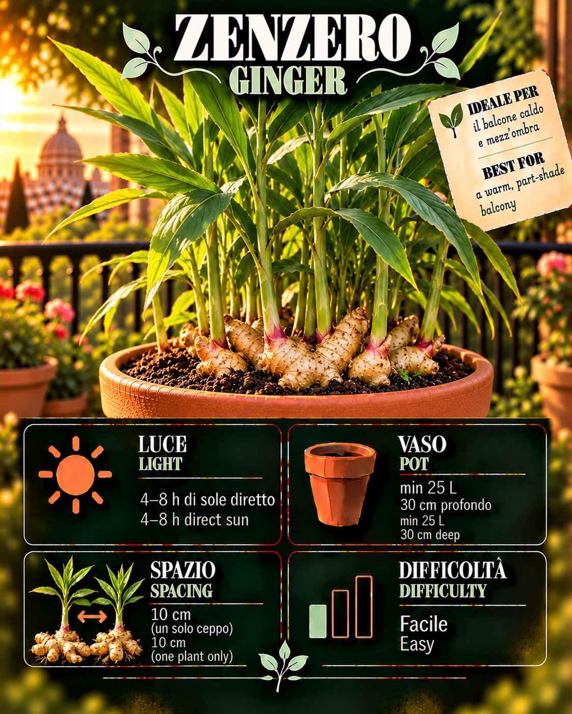 Scheda Zenzero • Zenzero profile: light, water, pot, harvest