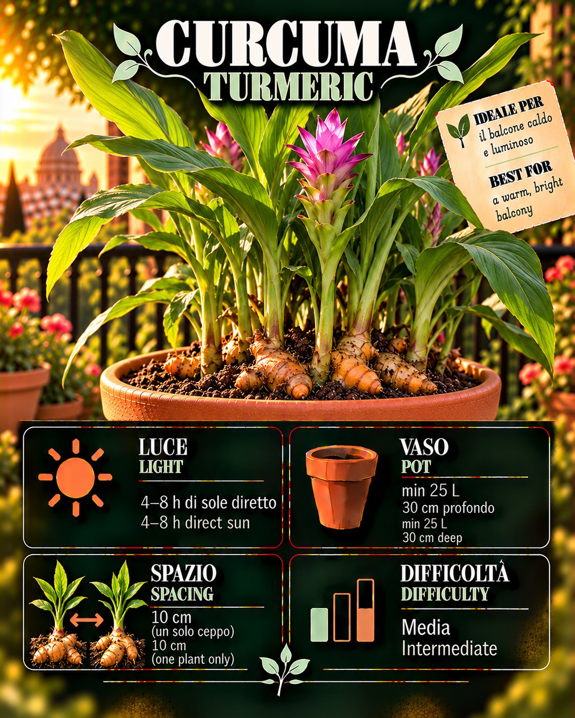 Scheda Curcuma • Curcuma profile: light, water, pot, harvest