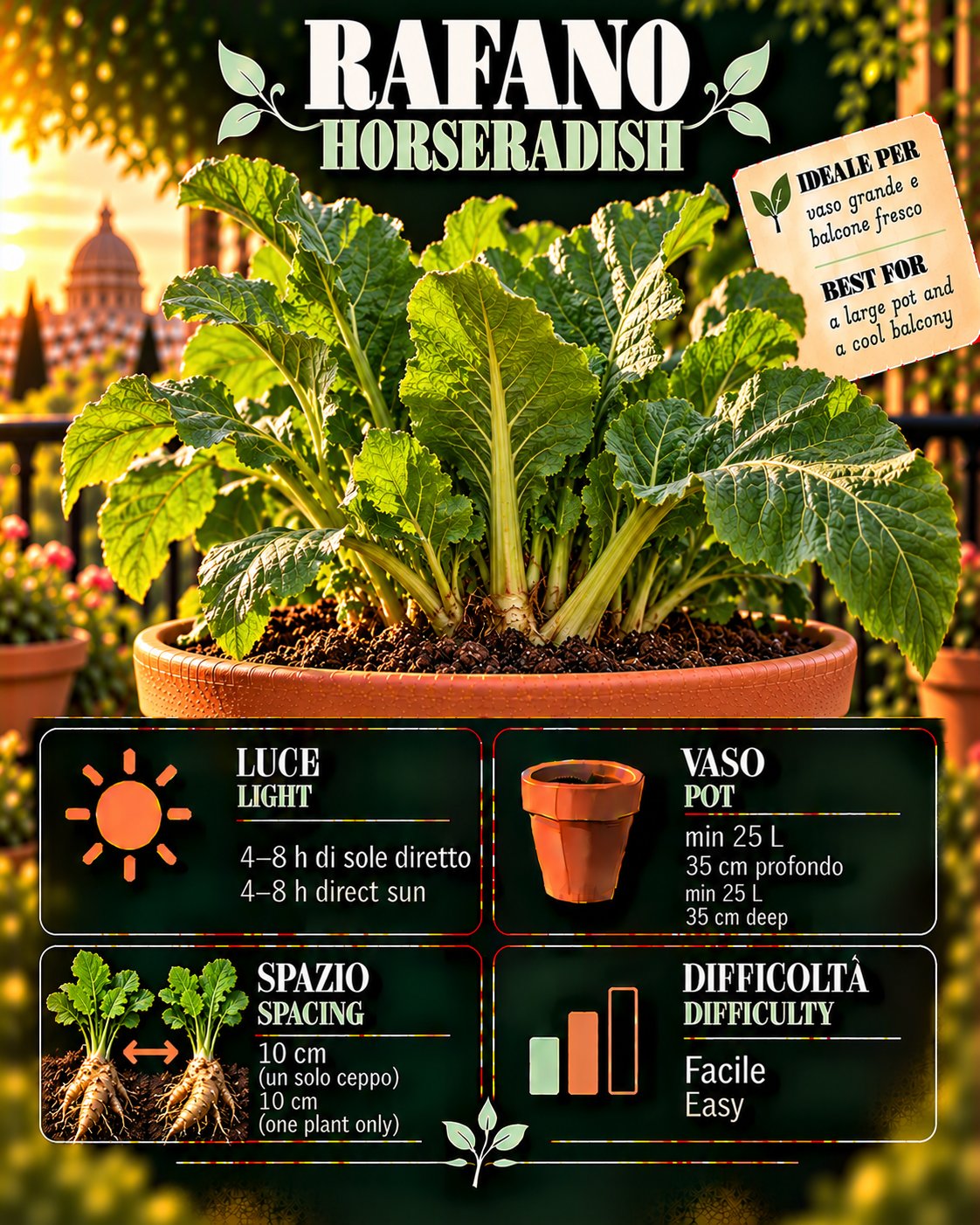 Scheda Horseradish • Horseradish profile: light, water, pot, harvest