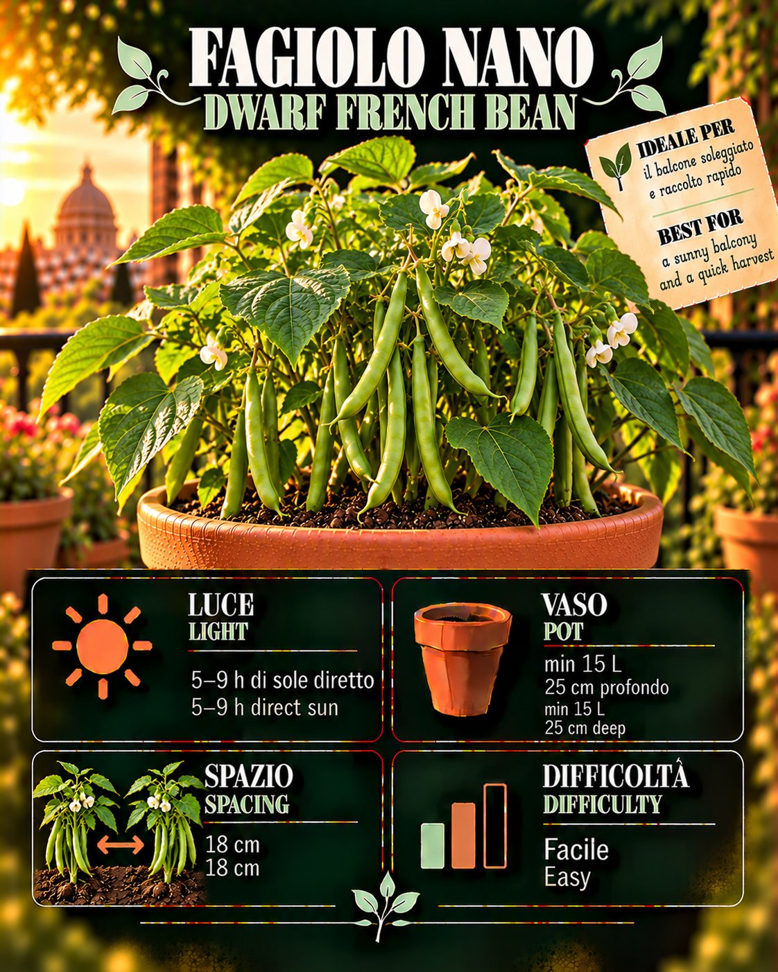 Scheda Fagiolo nano • Fagiolo nano profile: light, water, pot, harvest