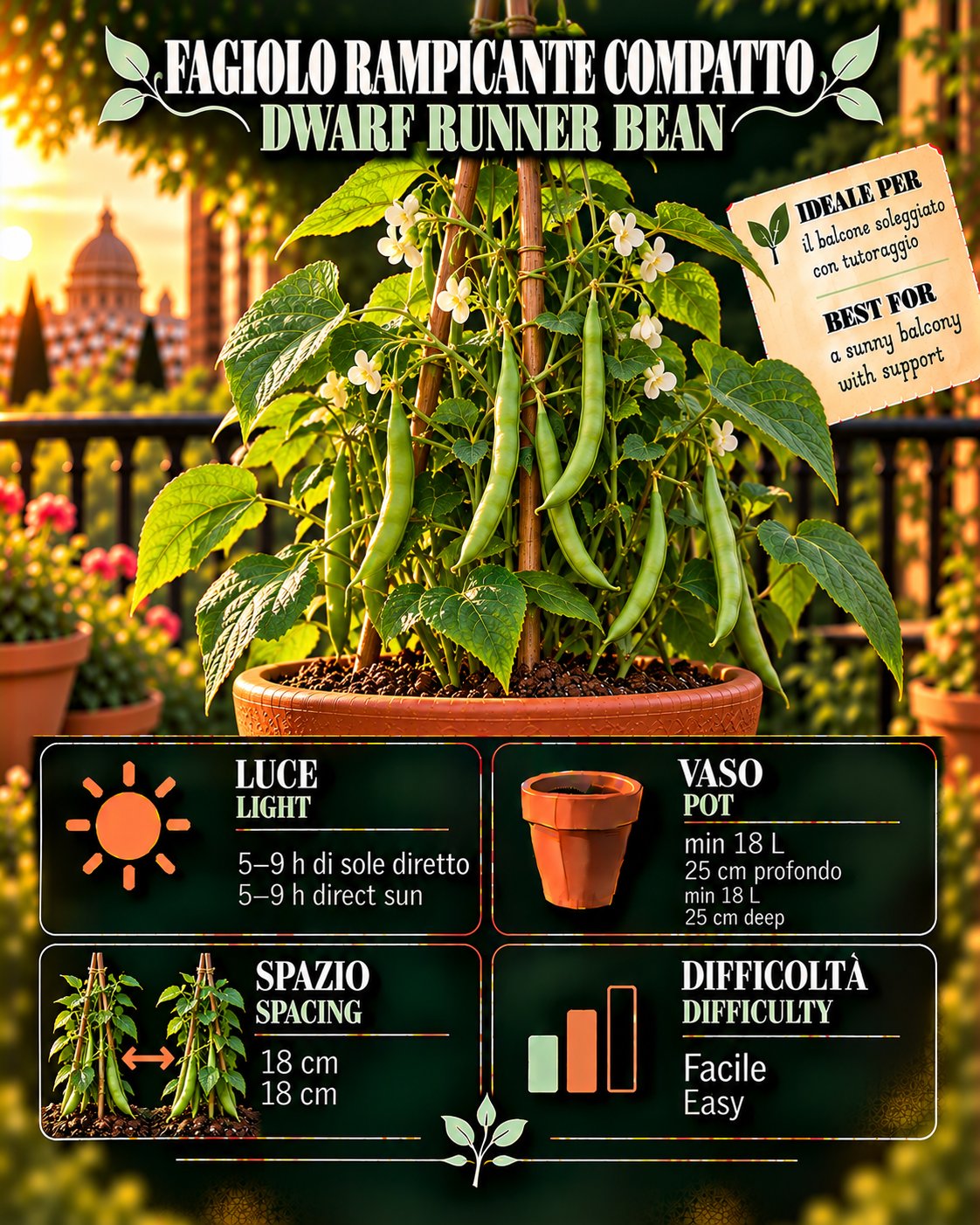 Scheda Fagiolo rampicante compatto • Fagiolo rampicante compatto profile: light, water, pot, harvest