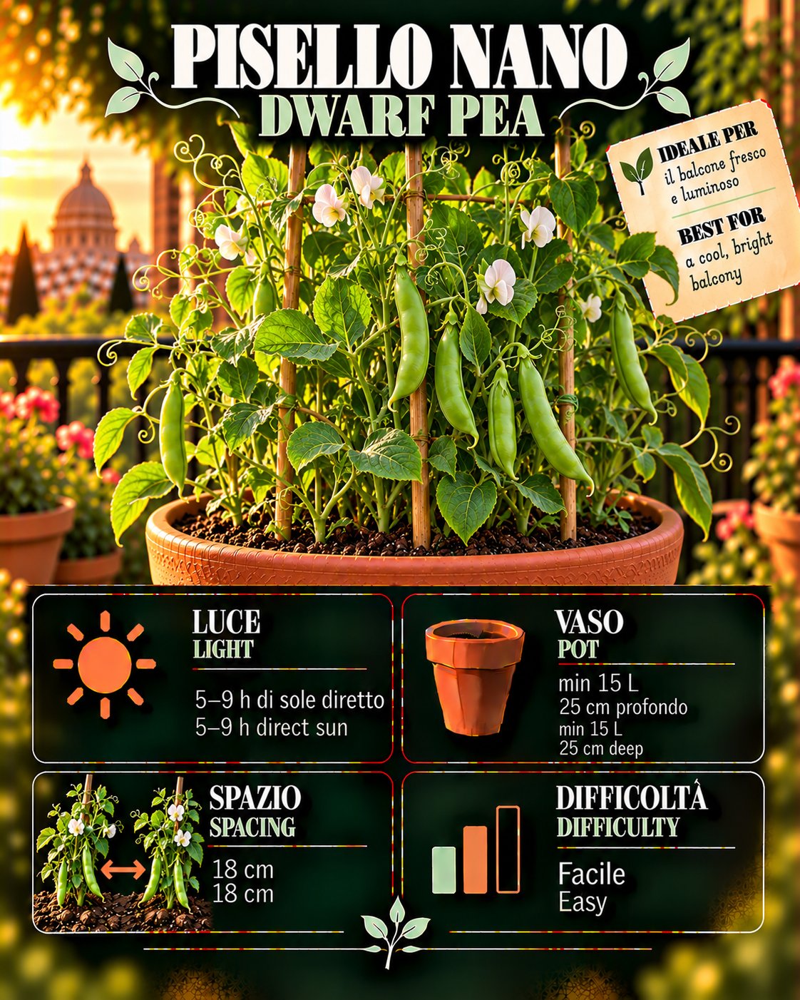 Scheda Pisello nano • Pisello nano profile: light, water, pot, harvest