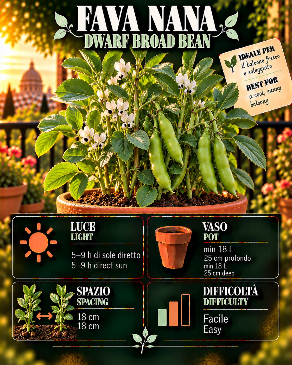 Scheda Fava nana • Fava nana profile: light, water, pot, harvest