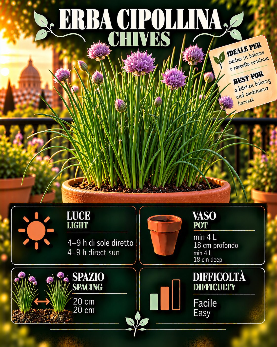 Scheda Chives • Chives profile: light, water, pot, harvest