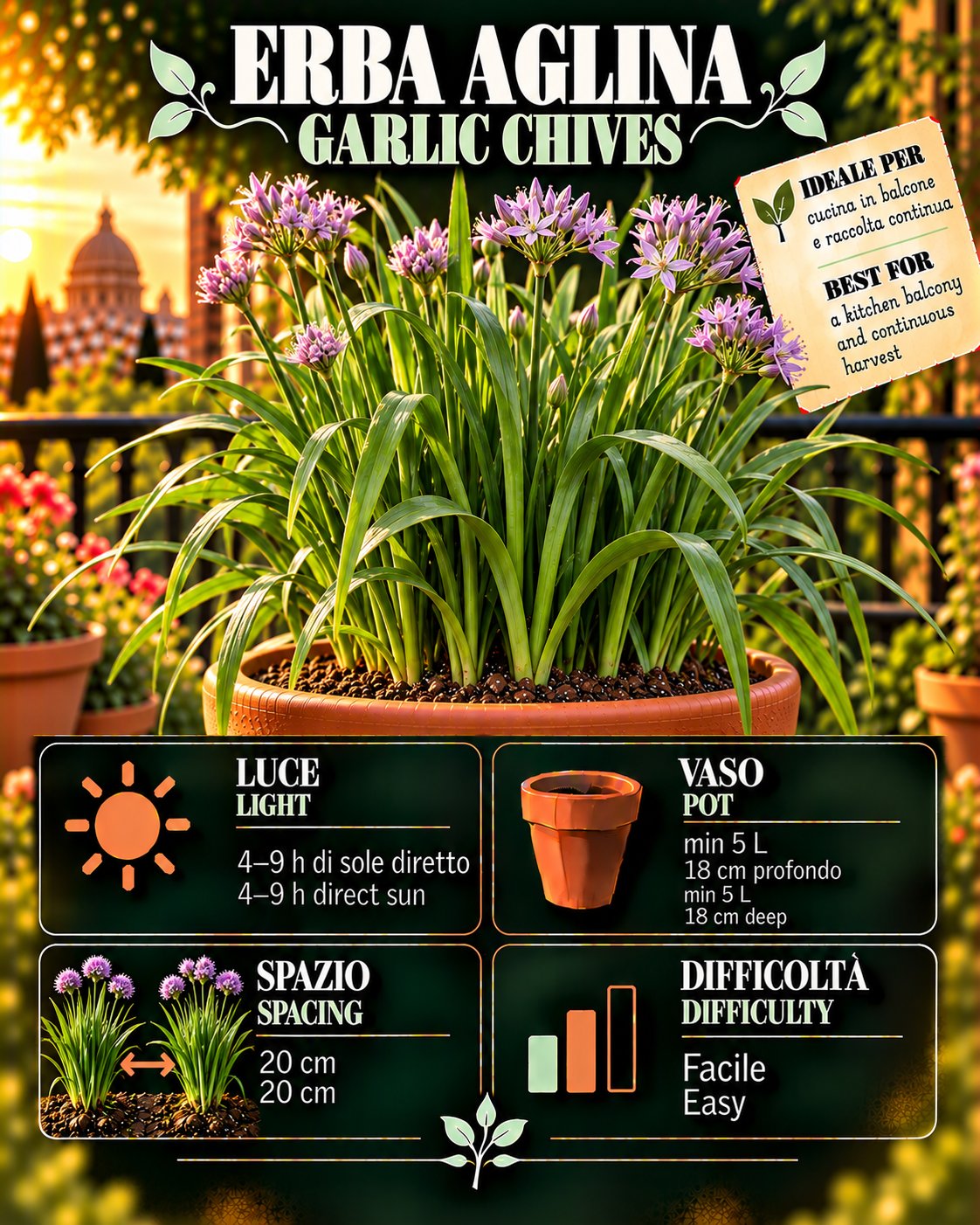 Scheda Erba aglina • Erba aglina profile: light, water, pot, harvest